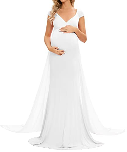 ZIUMUDY Schwangerschaftskleid, ärmelloses Maxikleid für Fotoshootings, Fotografie, mit langem Chiffon-Zug, Weiss/opulenter Garten, Mittel