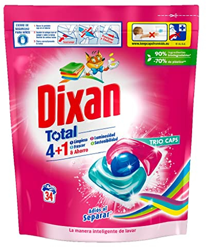 Dixan Adiós al Separar Total 4+1 Detergente en Cápsulas para Lavadora (34 Lavados), Jabón para la Ropa de Color, Limpieza, Luminosidad y Frescor en un Detergente