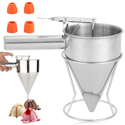 Distributore di pasta per pancake, 1,2 l, in acciaio inox, con supporto, dispenser per torte con 4 tramogne, raddrizzatore a pistone, imbuto da forno, utensili da cucina per la casa