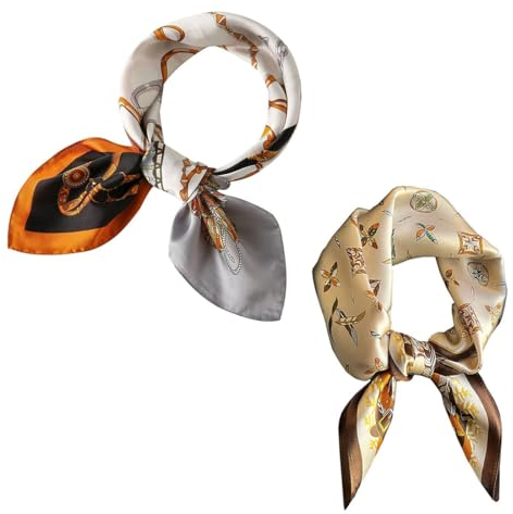 FDCGAS Pañuelos Bandanas para Mujer - 2 Pcs Bufanda Cuadrada con Cuello de Satén, Bohemias Pañuelo para la Cabeza, Satin Silk Foulard Chal de Mano Pelo Mujeres 70 * 70cm