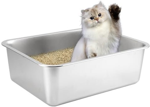 XXL Katzenklo,Großes Katzentoilette 50 * 35 * 15 cm Niemals Gerüche, Rostfrei, Antihaft Glatte Oberfläche, Edelstahl Katzenklo Fassungsvermögen für Leichtere Reinigung (Silber, 50 * 35 * 15 cm)