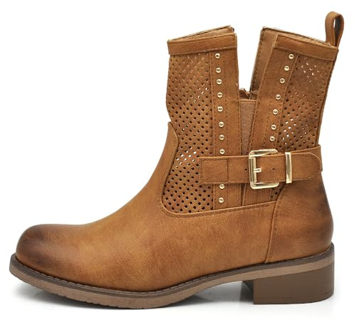IF Fashion Stivali Stivaletti Biker Motociclista da Donna Traforato Con Fibbie Borchie Primaverili Estivi Pelle Sintetica G677 Camel N.37