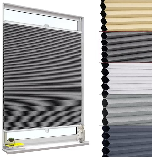 WOLTU Estor Persiana Plisada, Estor sin Taladrar Panal de Abeja, Cortina Enrollable Opaca, Persiana Térmica Blackout, Protección Solar, Estores Modernos para Ventanas, 70x130 cm, Gris Oscuro-Blanco