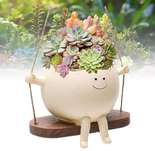 Vaso Per Piante Oscillante in Resina Con Faccina - Fioriera Con Testa Sospesa e Faccia Altalena Smile Face per Patio, Ufficio