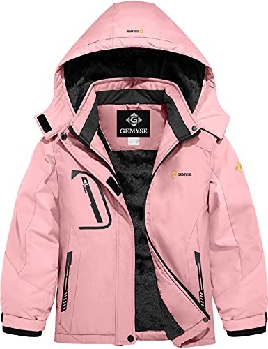 GEMYSE Mädchen Skijacke wasserdicht Winterjacke winddicht Fleece Schneeanzug warm mit Kapuze für Outdoor(Rosa,160-168)