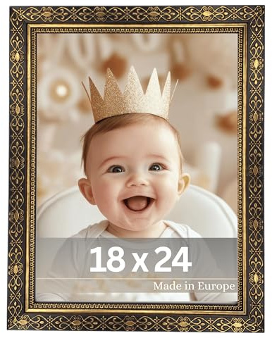 VictoR Cadre photo vintage Vermeer noir et doré 18 x 24 cm – Cadre baroque antique avec verre acrylique – Paroi arrière stable en MDF – Pour format portrait et paysage – Cadre photo A4 noir et doré