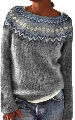 Pull Norvégien Femme Grande Taille, Pull Femme Hiver, Pull Femme Col Rond Manches Longues Sweater Chic Et Elegant Pullover Hauts Tricots Rétro Jacquard Casual Chaud Chandail Pulls