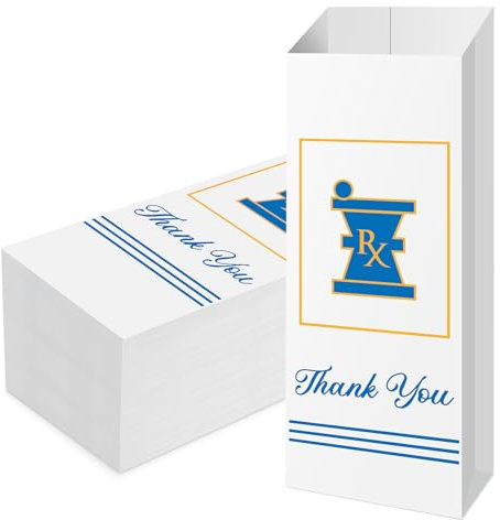 Geiserailie 1000 Pcs White Kraft Small Pharmacy Paper Bags, 3.5 x 1.5 x 10 Inch Printed with Rx & Thank You in Blue and Gold, Medication Disposal Bags for Drug Stores