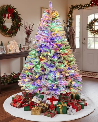 Árbol de Navidad Artificial de 180 cm con Nieve e iluminación LED 250 RGB, 1000 Puntas, árbol de Navidad Realista con Sistema Plegable y Soporte de Metal, Montaje rápido, para decoración navideña