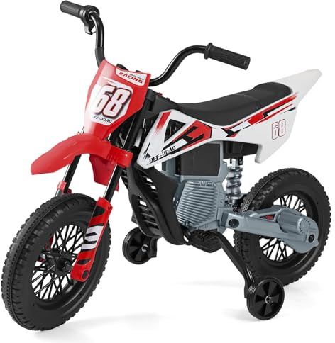 COSTWAY 12 V Elektrisk Barnmotorcykel med Fotpedaler, Avtagbara Stödhjul, Musikfunktion, Hastighet 3–5 km/h, Motorcykel för Pojkar och Flickor från 3 År Röd
