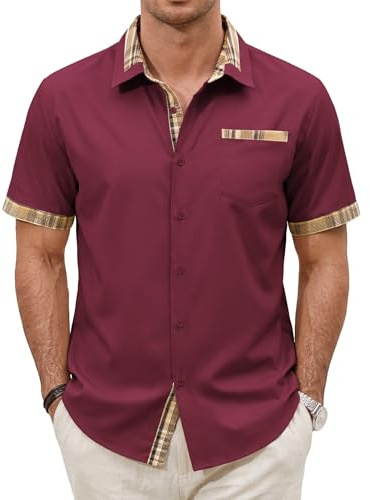 Elainone Chemise à manches courtes pour homme - Pour l'été - Sans repassage - Stretch - Coupe droite - Pour la plage - Avec poche de poitrine