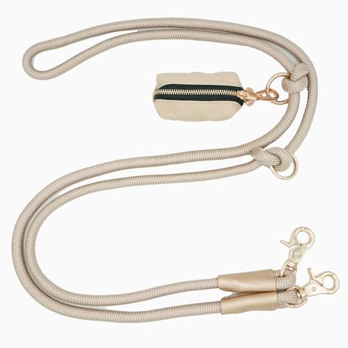 Multifunctional Hands Free Dog Leash 7FT, Nylon Rope Crossbody Shoulder Lead with Poop Bag Holder, Waist Dog Walking Leash for All Breeds (Tan, 7FT leash with poop bag holder)