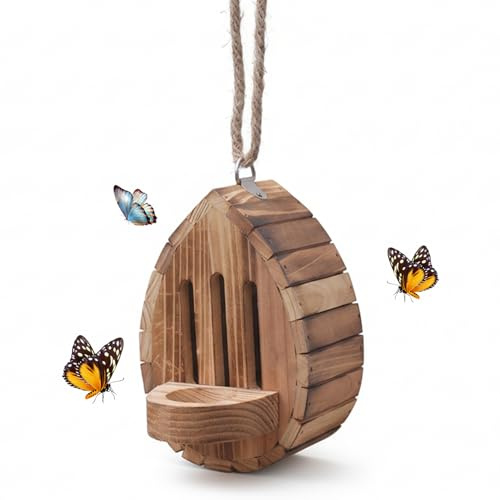 Maison à Papillons pour l'extérieur, Maison à Papillons en Bois Suspendue pour Jardin, Habitat en Bois en Forme de Larme et mangeoire avec Corde pour décoration de Jardin, hôtel Insectes
