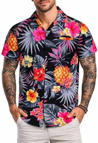 King Kameha Funky Hawaii-skjorta för män, kortärmad, frontficka, Hawaii-tryck, ananas, palmer och blommor, Svart grå, 6XL