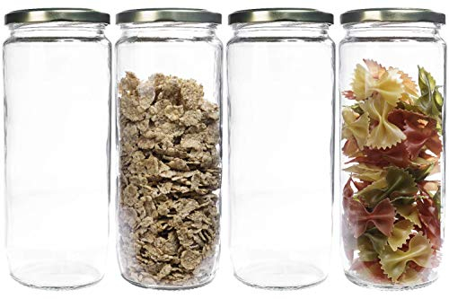 mikken 4er Set Vorratsglas 1,1 Liter mit Schraubverschluss, Einmachglas, Glasdose inkl. Beschriftungsetiketten