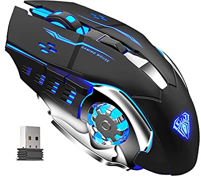 AULA SC100 Silent Wireless Gaming Mouse Rechargeable, with Side Buttons, LED Backlit, DPI Adjustable, 2.4G Wireless Optical Computer Mice Punk Cool Mouse for Games/Work (Black)