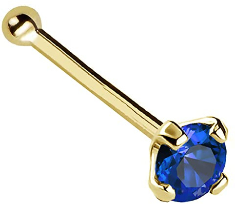 Jewelry Avalanche 22G Solid 14Kt Gold Nose Bone Stud with Prong Set real Blue Sapphire Gemstone, 14kt Yellow Gold or 14kt White Gold - September Birthstone Nose Ring-NBYG_SP-2.5MM