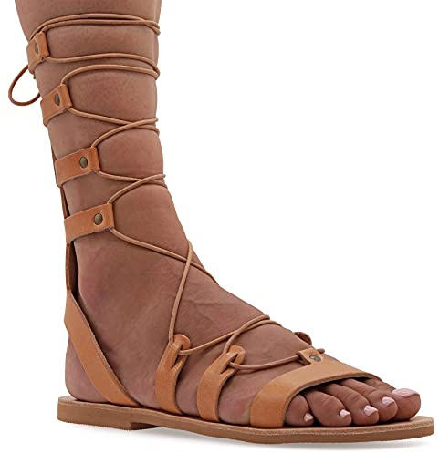 Sandalias Emmanuela en piel estilo griego antiguo, sandalias gladiadoras planas con puntera abierta, zapatos de verano para mujer hechos a mano, Beige, 39 EU