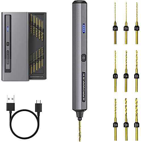 ARROWMAX Mini-Elektro-Bohrmaschine 13 in 1 mit Aluminium-Koffer, kabellos, wiederaufladbar, 600 U/min, Nadelschraubstock-Handbohrer-Set, 10 HSS-Bohrer, DIY, Holz, Schmuckherstellung (SDS MINI 22)