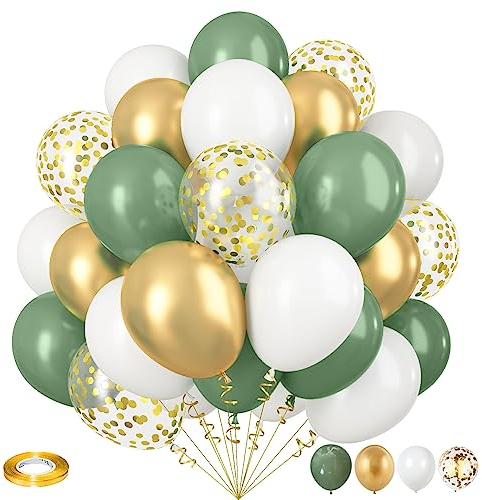 Sage Green and Gold Balloons - 12 Inch Olive Green, White Metallic Gold Confetti Latex Balloons Set for Girls Women Birthday Wedding Jungle Baby Shower Party Decorations