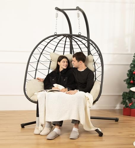 Double Egg Chair with Stand Hammock Swing Chair Foldable Hanging Loveseat, UV Resistant Removable Cushions, 700LBS Capacity for Bedroom, Balcony, Garden(BK-BE)