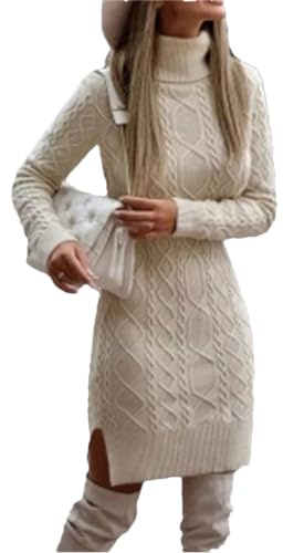 Women's Knitted Dress High Neck Slim Fit Wool Mini Dress Fashionable Women's Basic Long Sleeve Winter Autumn Dress Beige