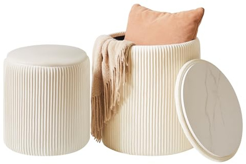 IBUYKE Set de 2 armoires ottomanes Rondes, vanité en Velours pour Le Maquillage, Table Basse rembourrée Moderne, Repose - Pieds Multifonctions pour Salon et Chambre à Coucher, Blanc WBD005W