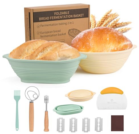 Clheatky Gärkorb-Set, Sauerteig Brot backen Zubehör Starter Kit, 9 Zoll rund & 10 Zoll oval 2PCS Lebensmittelqualität Silikon Brot Schalen mit wesentlichen Tools, faltbar & waschbar