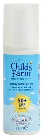 Childs Farm Kids & Baby Sun Lotion Spray SPF 50+ | UVA & UVB Very High Protection | Extra Water Resistant | Fragrance Free | Suitable for Dry, Sensitive Skin, 100ml