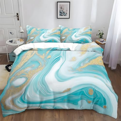 XCQHZYQ Duvet Cover Sets Double 200x200 cm Turquoise Marble Abstract Pattern Printed Duvet Cover Sets + 2 Pillowcases, Soft Hypoallergenic Polycotton Quilt Cover Bedding Sets