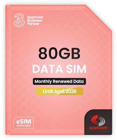 Three 80GB Data SIM Card – for Portable WiFi, Routers & Phones – Preloaded Monthly Until April 2026 – Dual Network (Three & Vodafone) Stronger Coverage