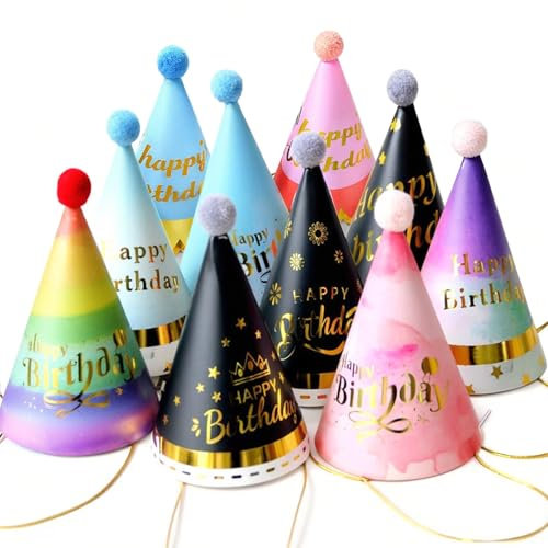 SEFIRST 10 Stück Partyhüten, Kinder Partyhüte Set mit Pompon und Glitzerdetails, Papier Clown Hut Hüte Kindergeburtstag Tröte, Partyhüte Geburtstag Dekoration für Familienfeiern für Erwachsene Kinder