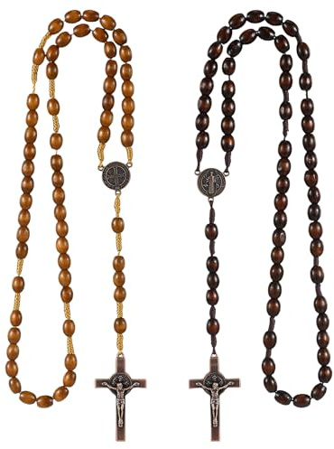 JOZMMZEOOA 2 Pz Collana Rosario Croce Cattolica 62cm Rosario Cattolico Collana in Legno di San Benedetto in Legno con Croce Medaglia Gesù Cristo San Benedetto,per Battesimo,Comunione,Mes