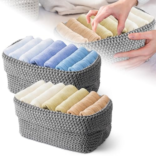 BAODBF 2 Stück Geflochtener Korb Baumwollseil,Organizer Boxen,Spielzeug Aufbewahrung,Häkelkorb für Gästehandtücher,Aufbewahrungskorb für Handtücher,Kosmetik,Schlüsseln,Schmuckstück,21×15.5×13cm(Grau)