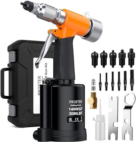 Proster Druckluft Nietmutternzange Set Pneumatische Nietmutterpistole Luft Nietmaschine mit Dornen M4 M5 M6 M8 M10 für Garage/Werkstatt, Boot & Auto, 1400KGF Zugkraft 6.2-8bar