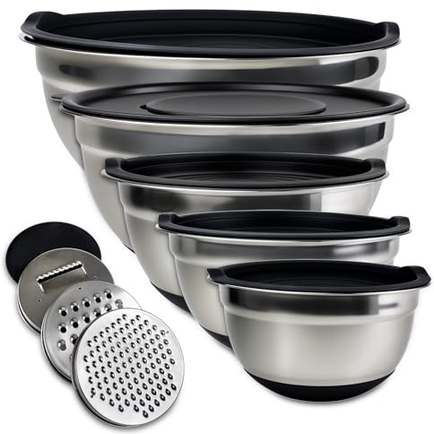 LUMITERRA Ciotole Acciaio Inox Cucina, Set 5 Pezzi Insalatiera Acciaio Inox con 3 Grattugie, Antiscivolo, 1L, 1.5L, 2L, 3L, 4.5L, Insalatiera Con Coperchio, Lavabili in Lavastoviglie, per Mescolare