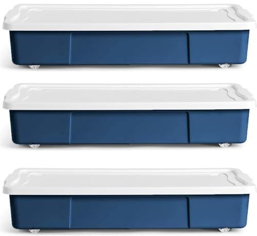 ALEEZ - 47L Underbed Storage Boxes with Wheels - Rectangular Plastic Rolling Storage Container for Clothes, Shoes, Bedding & Toys - Space Saving Durable Organiser for Bedroom & Home Use (Blue, 3x)