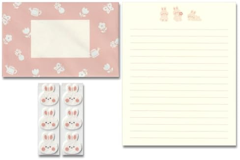 KUDOS.JP Cute Kawaii Japanese Stationery Letter Writing Paper with 12 Writing Papers and 6 Envelopes and Rabbit Fluffy 6 Sealing Gift Set for Teen, Girls, Kids