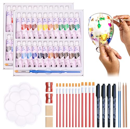 KIKAWORD 2 Set Colorful Glass Painting Kit With 24 Stained Glass Paint,Brushes,Palette,Waterproof,Use for Crystal, Window and Ceramics