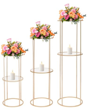 PromiseFly set om 3 blompall i två lager, blomställ, blompelare, växtstativ, metallstativ för bröllop, fester, födelsedagar, fester, hotell 60 cm/80 cm/100 cm (guld)