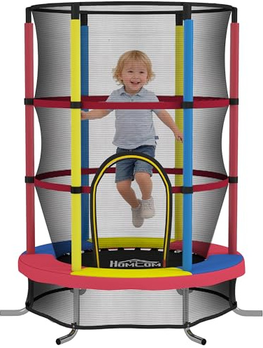 HOMCOM Trampolino per Bambini 3-6 Anni con Rete di Sicurezza, Tappeto Elastico Senza Molle con Gambe a L, per Interno ed Esterno, Ø160x190 cm, Multicolore