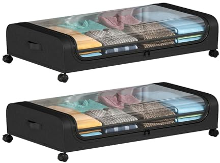 YOPOTIKA Caja de almacenamiento bajo la cama con ruedas, 2 piezas 80x44x18cm, con ventana transparente, caja de almacenamiento plegable para ropa, zapatos, mantas, ropa de cama, Negro