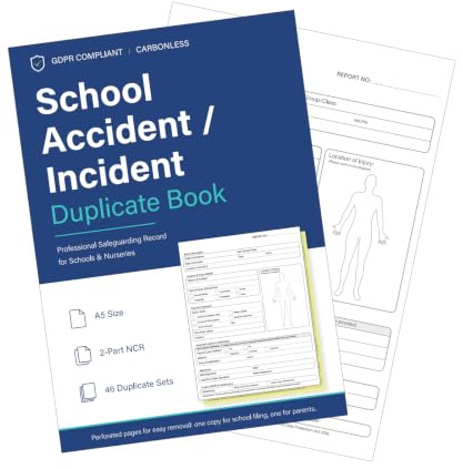Rapport om skololyckor, A5 2-delad NCR-duplicat, 46 uppsättningar | 46 NCR-uppsättningar, överordnad/vårdnadskopia, kroppsdiagram, information om första hjälpen, perforerade sidor