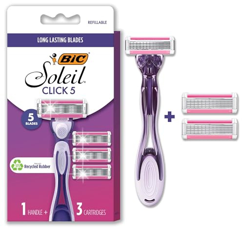 BIC Click 5 Soleil Women's Disposable Razors; 5 Blades With a Moisture Strip For a Smoother Shave; 1 Handle and 3 Cartridges; 4 Piece Razor Set