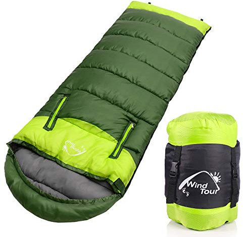 Schlafsack mit Kapuze & Kompressionssack, Separates Schlafsäcke-Design Kann zu Einem Doppelschlafsack Zusammengefügt Werden, Wasserdichte Camping Deckenschlafsack (Grün, Rechter Reißverschluss)