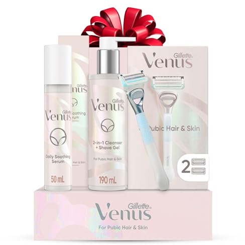 Gillette Venus Shaving Set for Pubic Hair and Skin, 1 Venus Handle, 2 Razor Blades, 2 in 1 Cleanser and Shaving Gel for Women, 190 ml, Soothing Serum for Intimate Care 50 ml