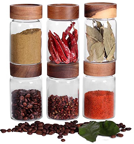 SAIOOL 6 Pcs Small Glass Spice Jars with Label,High Sealing Threaded Mouth,with Black Printed Spice Labels - 8.79oz /260ml*6,Empty Cylinder Spices Bottles,Storage Jars with Airtight Screw Lids