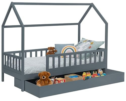IDMarket - Lit cabane Enfant 80 x 160 CM NEREE Gris avec 1 tiroir gigogne et de Rangement