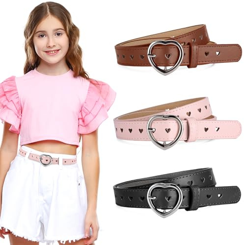 KAIOWPEIC Lot de 3 ceintures réglables en PU pour fille - Boucle en forme de cœur - Ceinture en cuir - Ceinture pour enfants de 6 à 12 ans - Pantalons, jupes et vestes, b, M