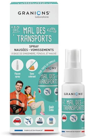 GRANIONS - Spray Mal des Transports Enfant et Adulte - Contre Nausées et Vomissements - Voyage Voiture Enfant - Complément Alimentaire au Gingembre Fort Dosage - Spray Contre Nausée - 20 mL